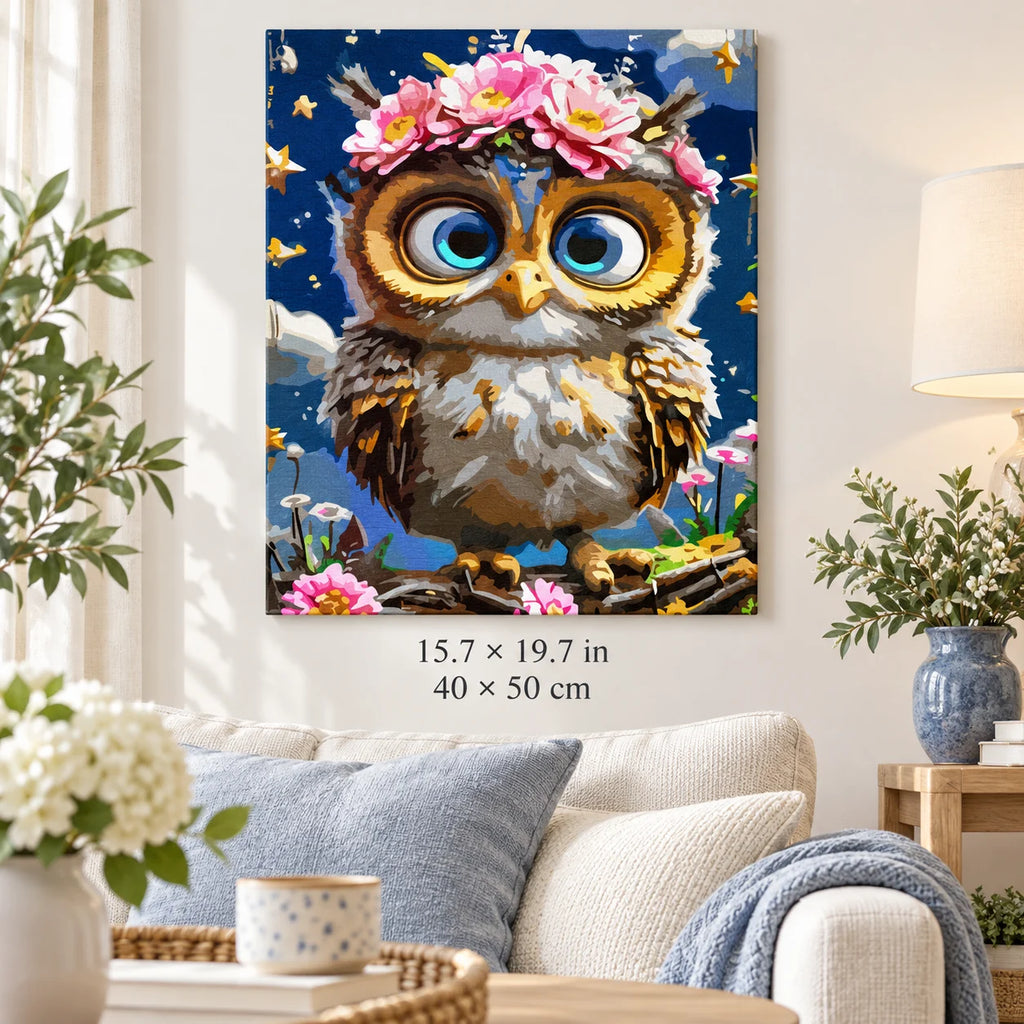 Flower Crown Owl shown in a styled room with 15.7 × 19.7 in and 40 × 50 cm dimensions