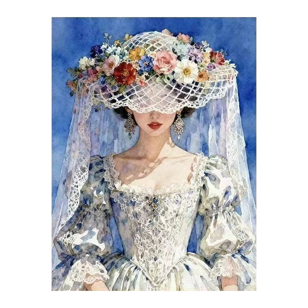White-background original artwork of a bride wearing a flower hat