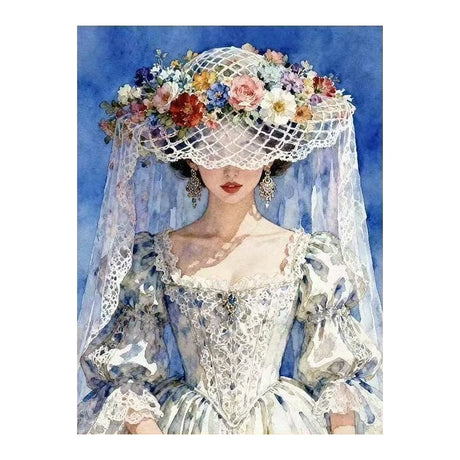 White-background original artwork of a bride wearing a flower hat