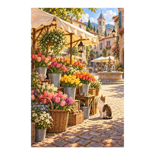 Original white-background artwork of a tabby cat beside flower buckets in a market square