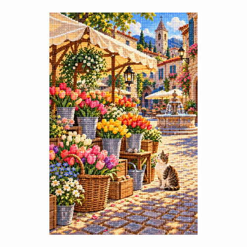 Finished white-background diamond painting of a tabby cat among market flowers