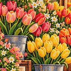 Close-up of diamond drills on the tabby cat and colorful tulips