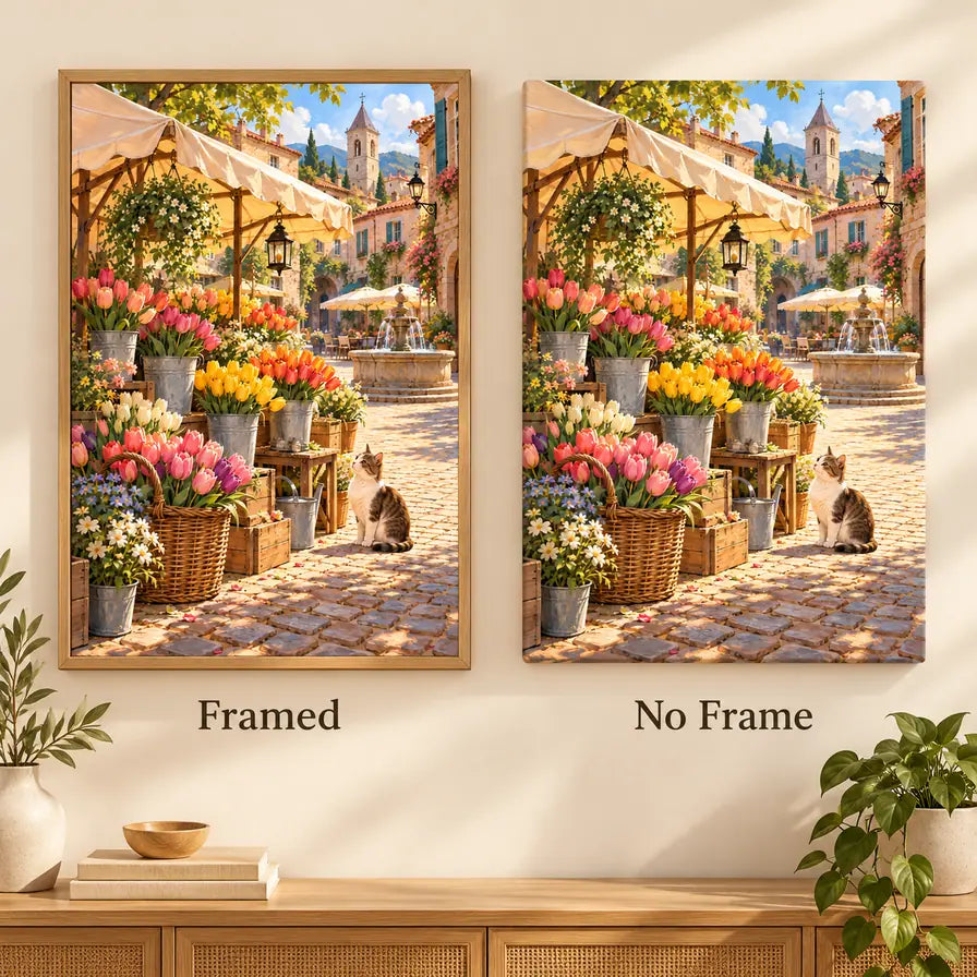 Framed and no-frame options for the cat at the flower market diamond painting