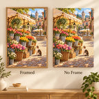 Framed and no-frame options for the cat at the flower market diamond painting