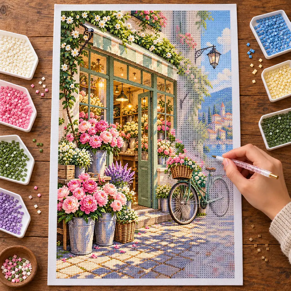 Flower Shop Bicycle — diamond painting process with applicator pen