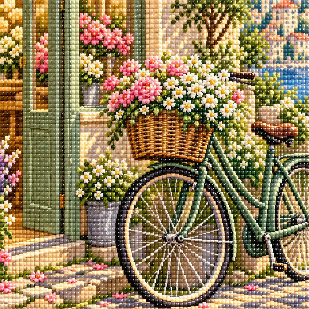 Flower Shop Bicycle — close-up canvas and resin drill detail