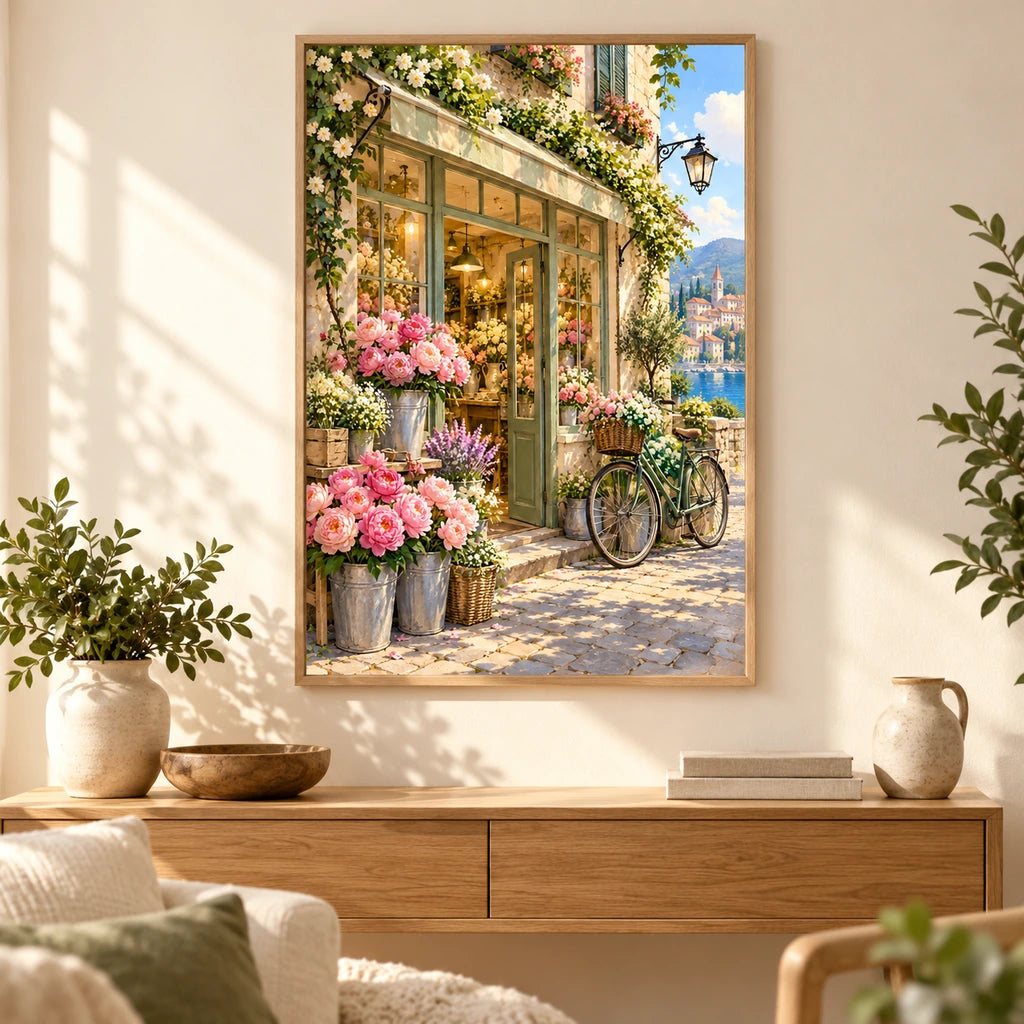 Flower Shop Bicycle — finished diamond painting displayed in a home interior