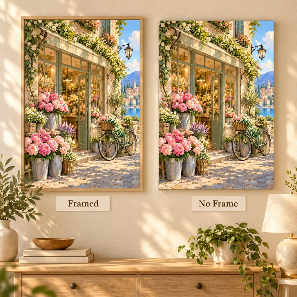 Flower Shop Bicycle — No Frame and Framed style comparison