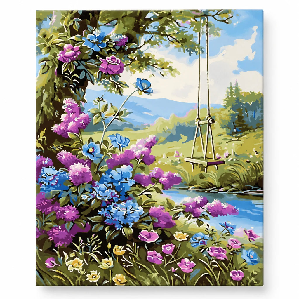 Flower Swing by Mountain Lake paint by numbers artwork on a front-facing canvas against a white background