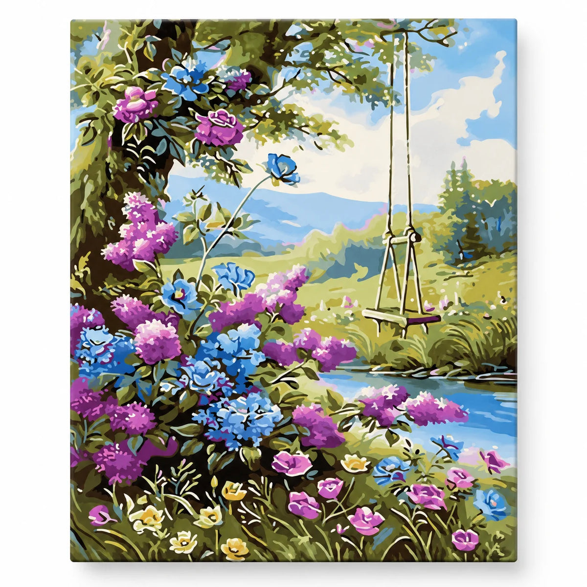 Flower Swing by Mountain Lake paint by numbers artwork on a front-facing canvas against a white background