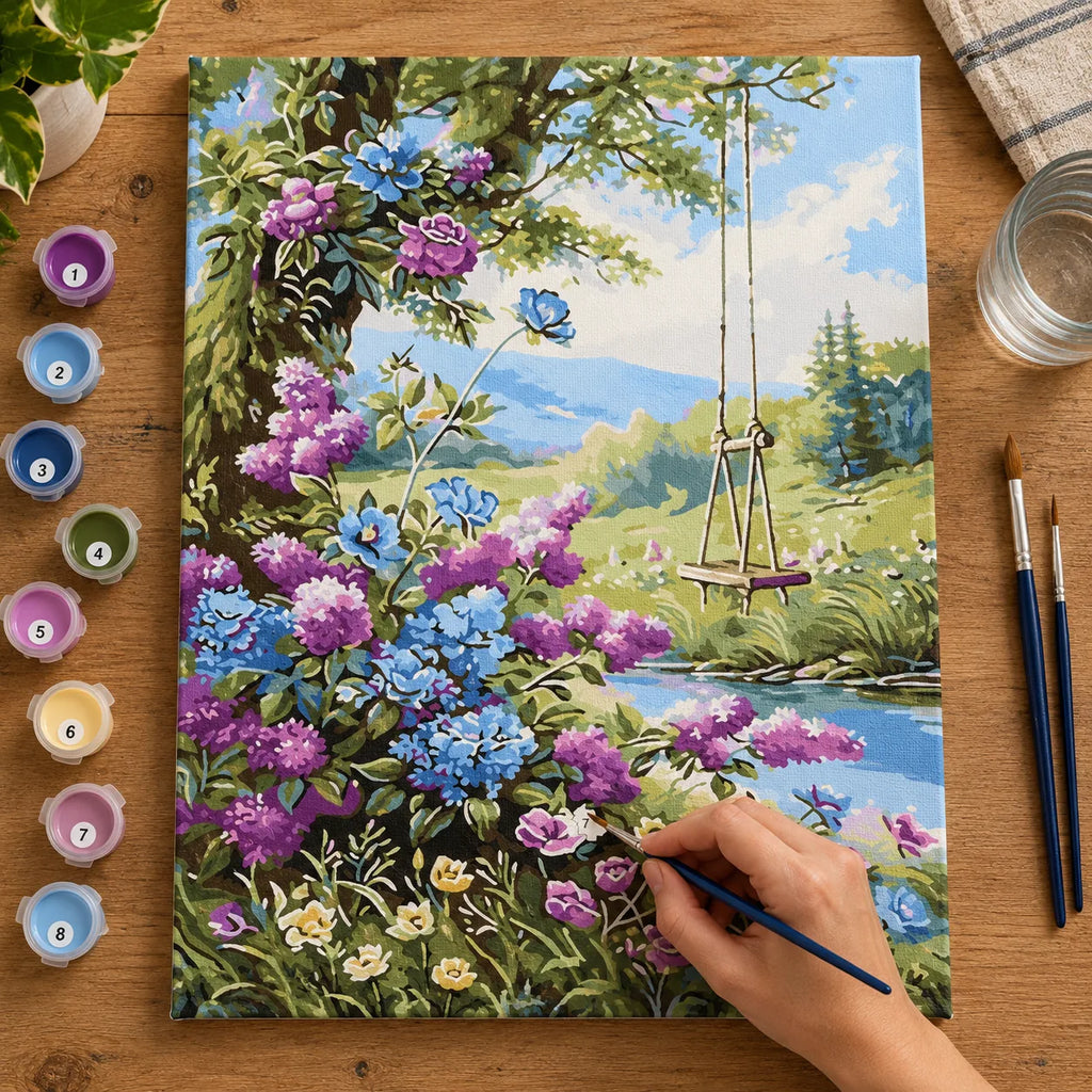 Complete Flower Swing by Mountain Lake numbered canvas being painted with acrylic paints and brushes