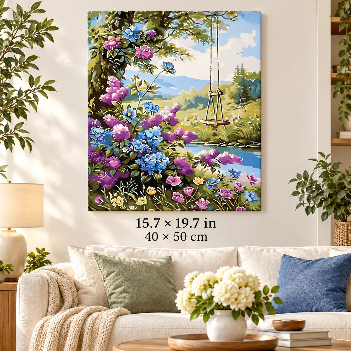 Flower Swing by Mountain Lake shown in a styled room with 15.7 × 19.7 in and 40 × 50 cm dimensions