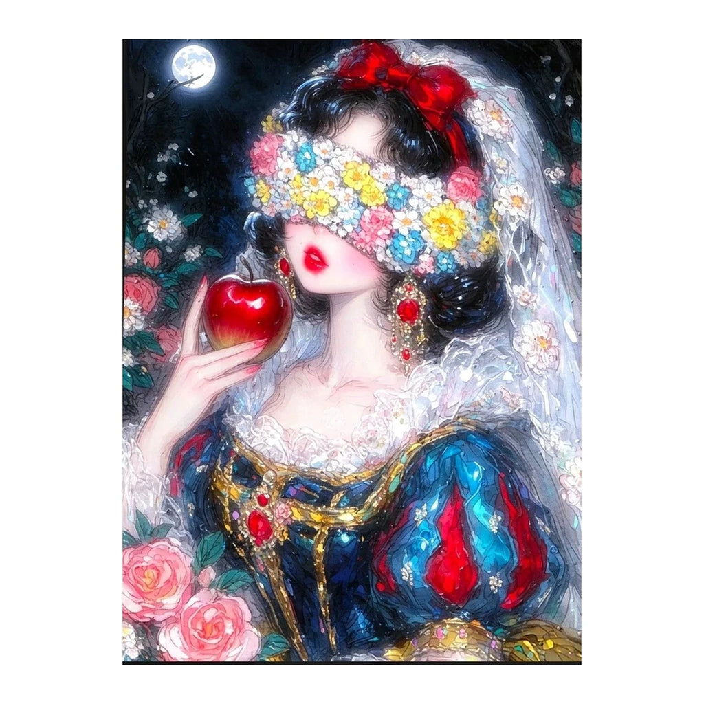 White-background original artwork of a flower-veiled princess holding a red apple