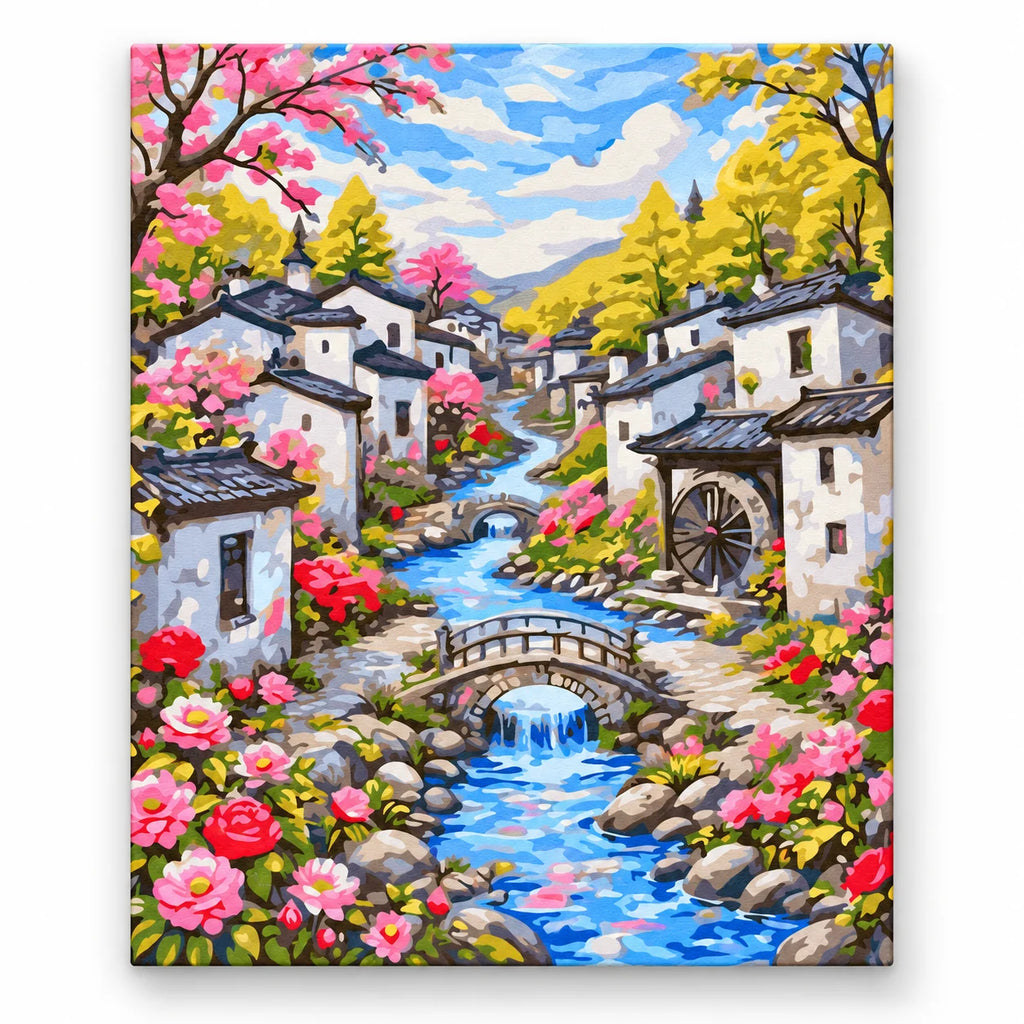 Flowered Canal Village paint by numbers artwork on a front-facing canvas against a white background