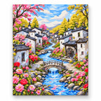 Flowered Canal Village paint by numbers artwork on a front-facing canvas against a white background