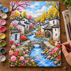 Complete Flowered Canal Village numbered canvas being painted with acrylic paints and brushes