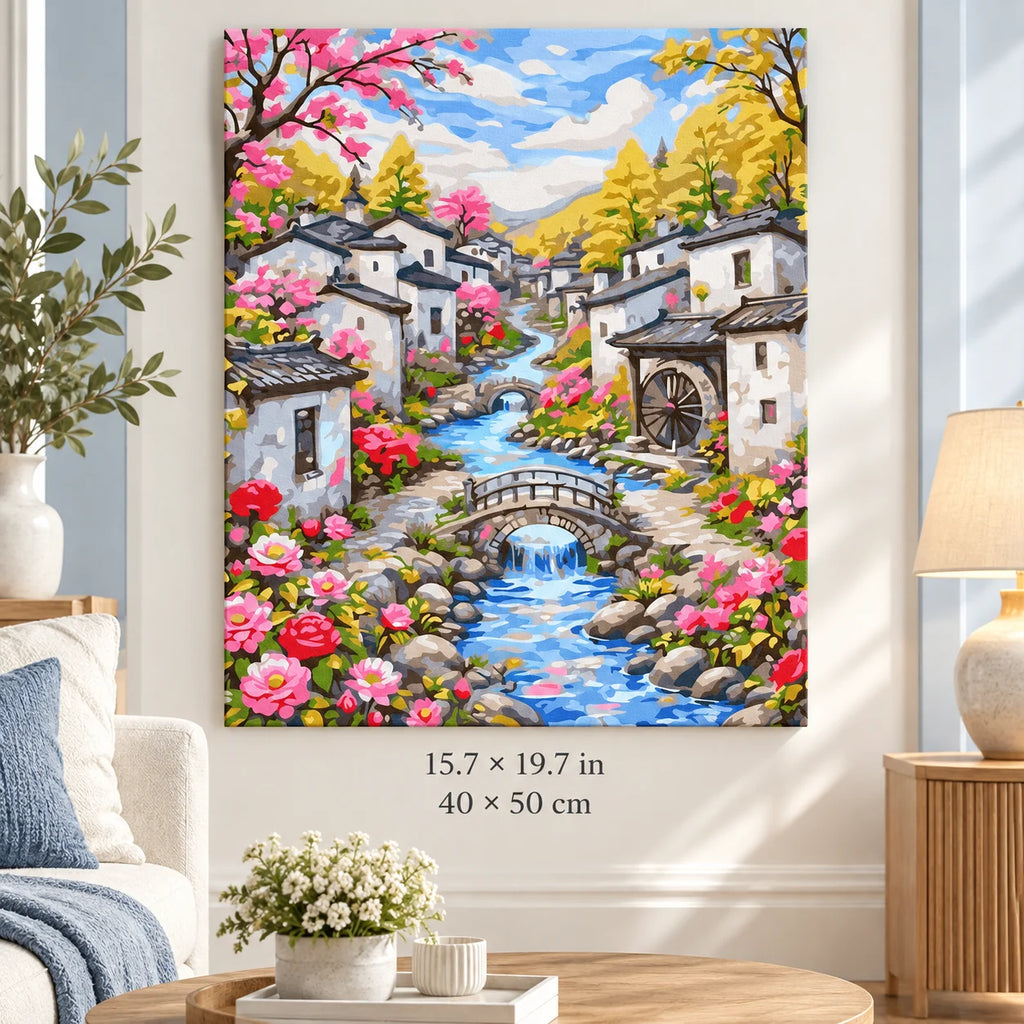 Flowered Canal Village shown in a styled room with 15.7 × 19.7 in and 40 × 50 cm dimensions