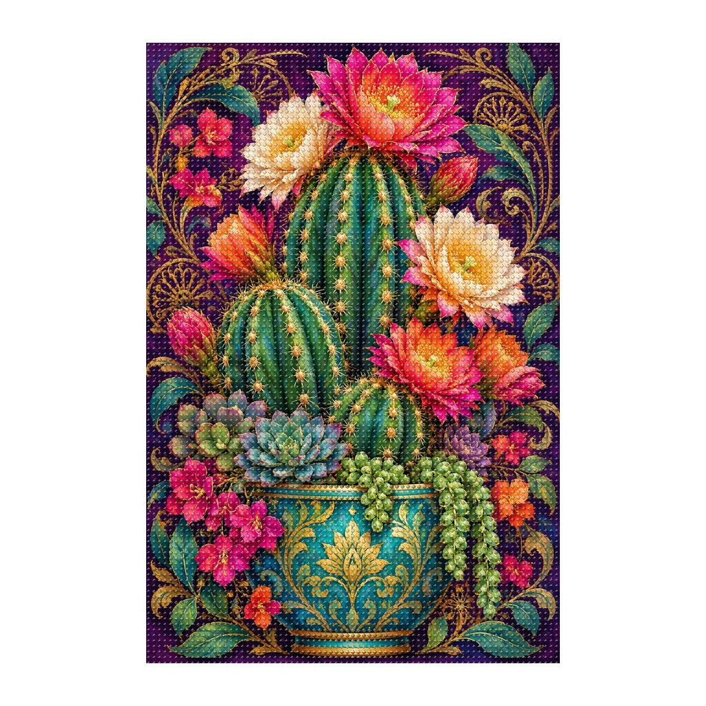 Finished white-background diamond painting of Flowering Cactus Rose Quartz