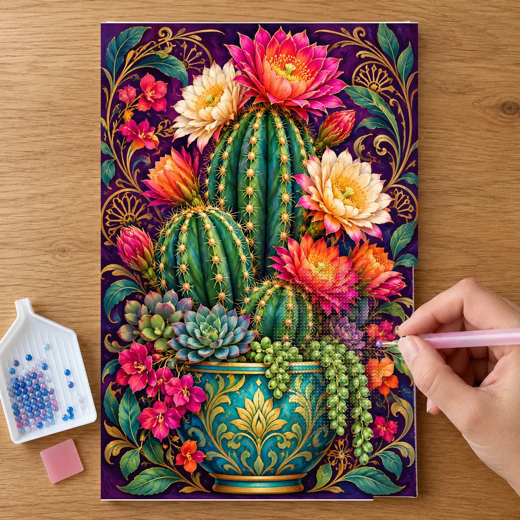 Hands placing drills on the Flowering Cactus Rose Quartz diamond painting canvas