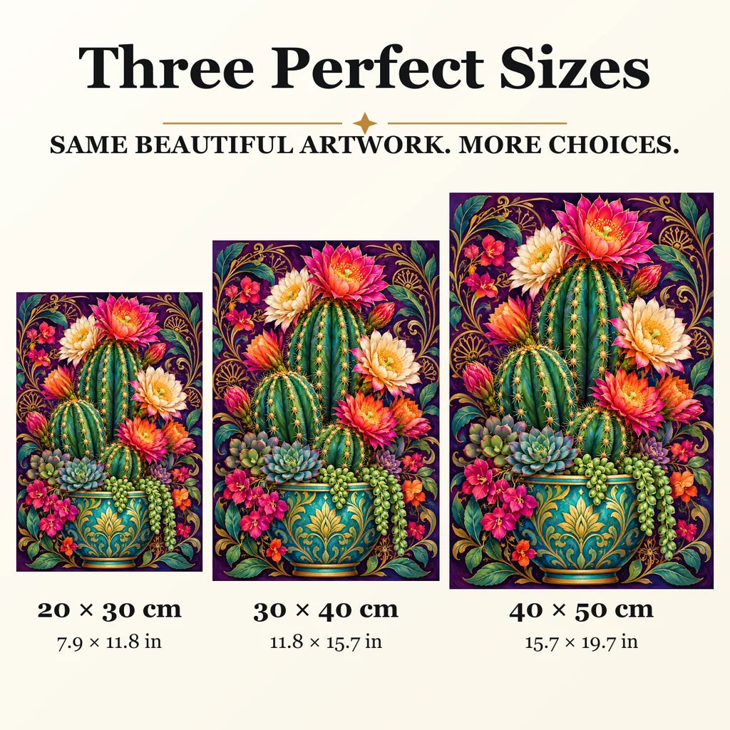 Flowering Cactus Rose Quartz diamond painting in 20 by 30, 30 by 40, and 40 by 50 centimeter sizes