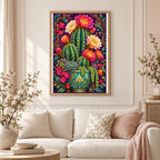Framed Flowering Cactus Rose Quartz diamond painting displayed in a home interior