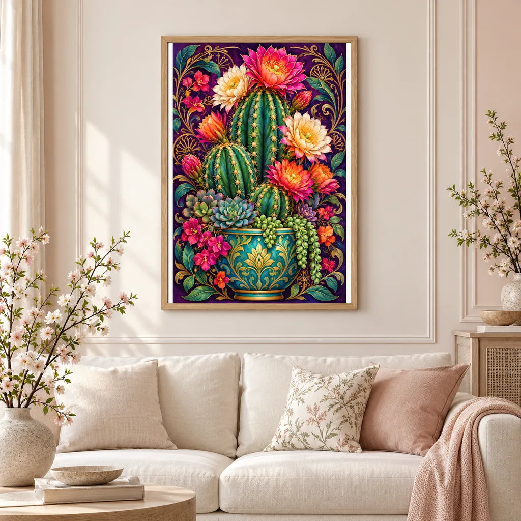 Framed Flowering Cactus Rose Quartz diamond painting displayed in a home interior
