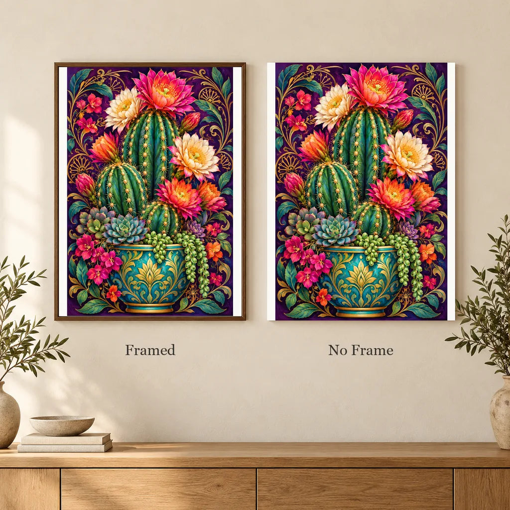 Framed and no-frame options for the Flowering Cactus Rose Quartz diamond painting