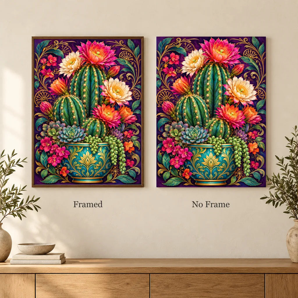 Framed and no-frame options for the Flowering Cactus Rose Quartz diamond painting