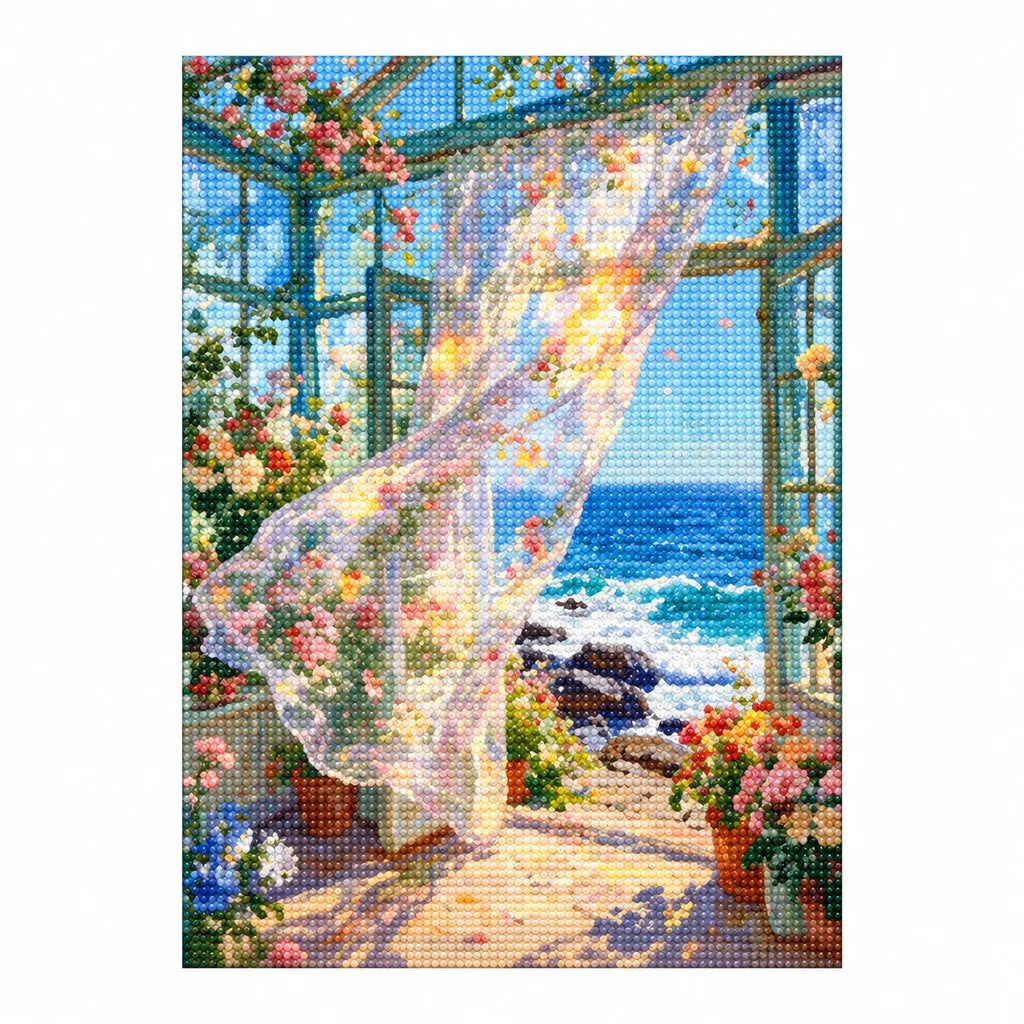 Flowing Curtains in a Rocky Ocean Conservatory — finished image, diamond painting kit