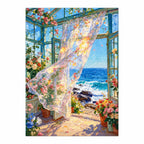 Flowing Curtains in a Rocky Ocean Conservatory — finished image, diamond painting kit