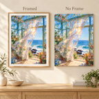 framed and no-frame options for a rocky ocean conservatory — frame comparison image, diamond painting kit