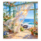 Flowing Curtains in a Rocky Ocean Conservatory — original image, diamond painting kit