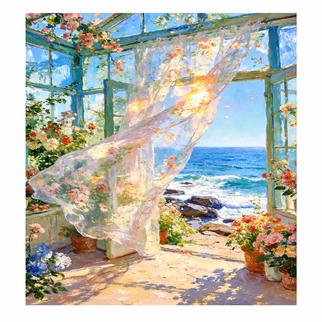 Flowing Curtains in a Rocky Ocean Conservatory — original image, diamond painting kit