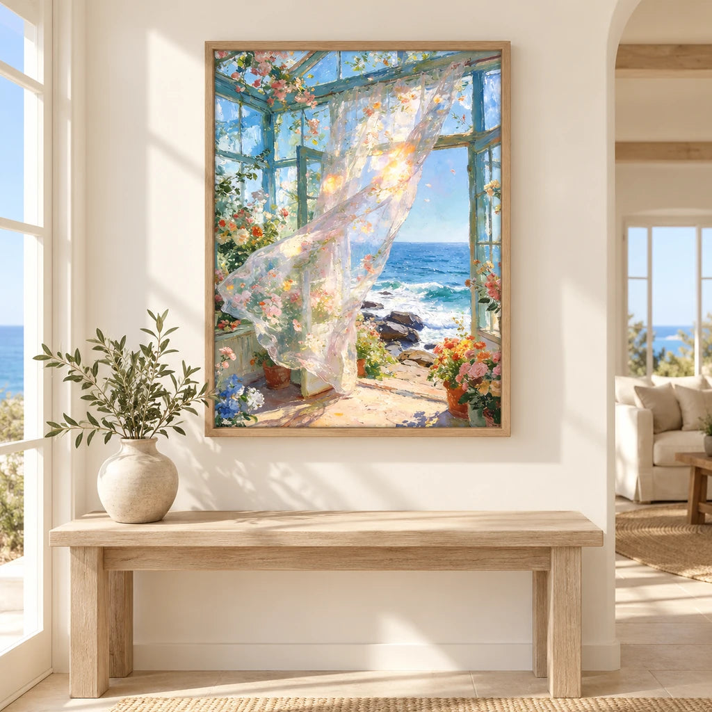 rocky ocean conservatory diamond painting displayed in a home — scene image, diamond painting kit