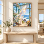 rocky ocean conservatory diamond painting displayed in a home — scene image, diamond painting kit