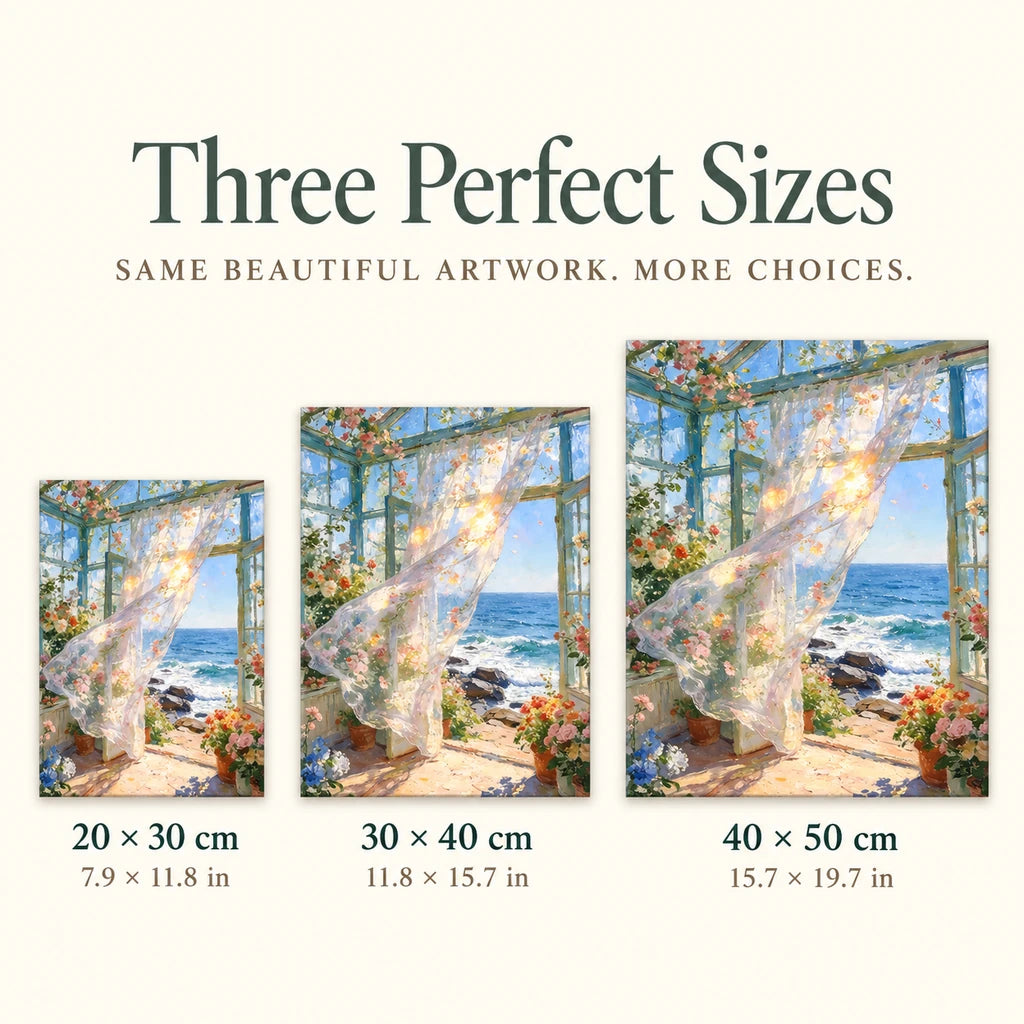 20 × 30 cm, 30 × 40 cm and 40 × 50 cm size options for a rocky ocean conservatory — sizes image, diamond painting kit