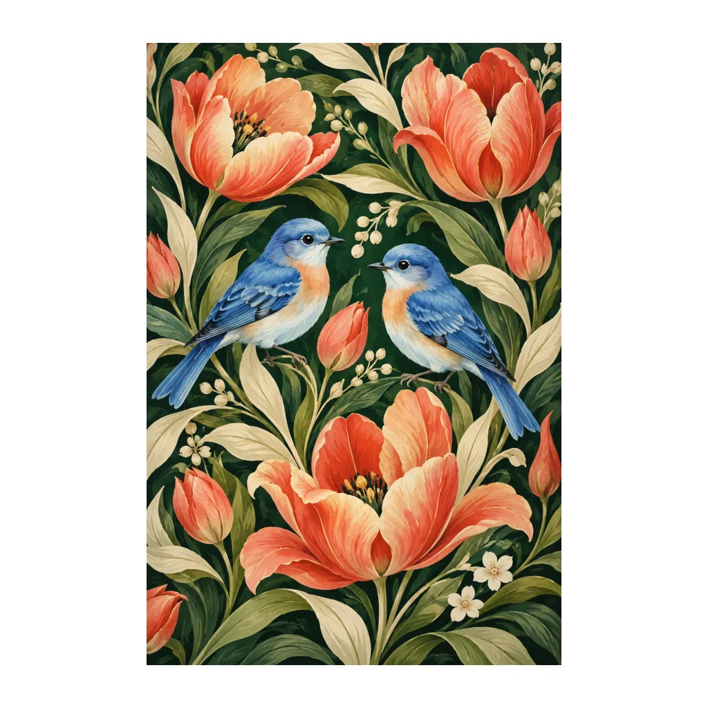 White-background original artwork of folk birds and tulips