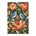 White-background original artwork of folk birds and tulips