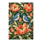 White-background original artwork of folk birds and tulips