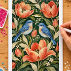 Hands placing drills on the folk birds and tulips diamond painting canvas