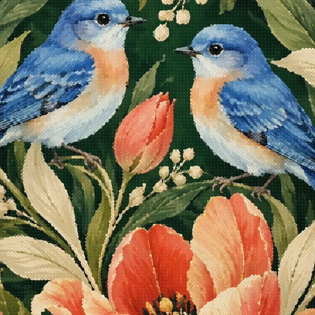 Close-up diamond detail of the folk birds and tulips diamond painting