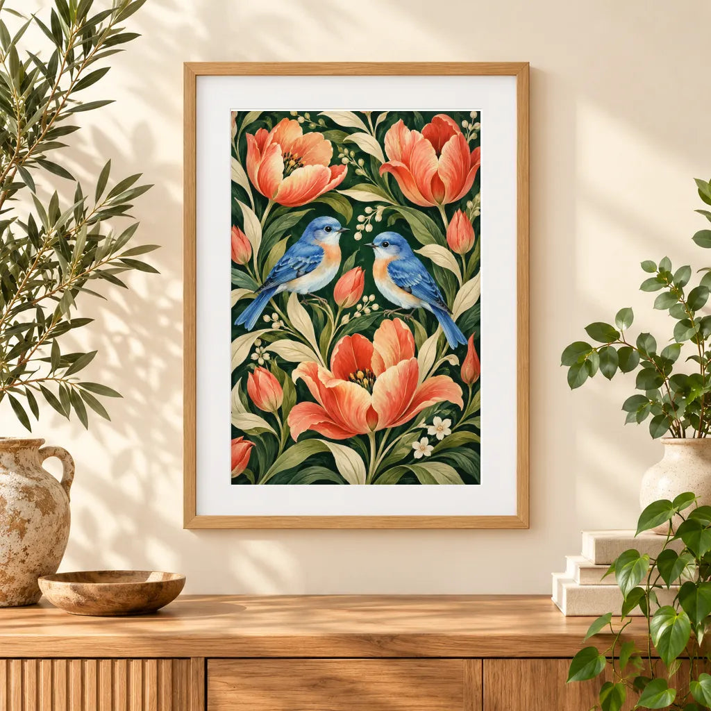 Framed home display of the folk birds and tulips diamond painting