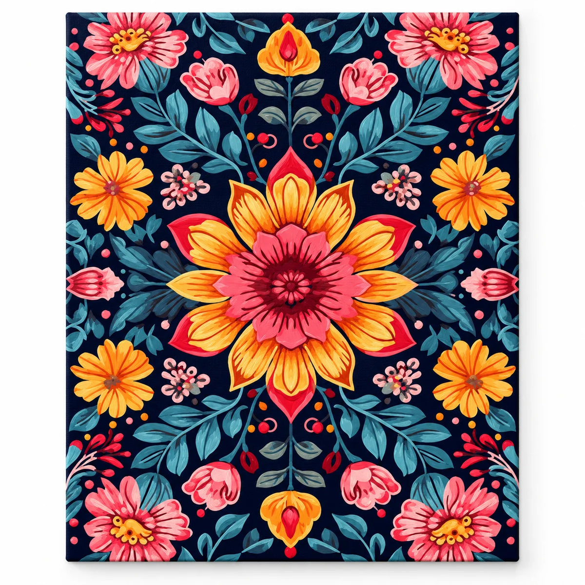 Folk Floral Pattern paint by numbers artwork on a front-facing canvas against a white background
