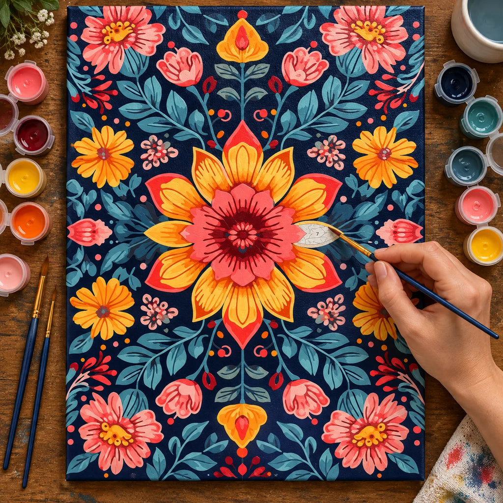 Complete Folk Floral Pattern numbered canvas being painted with acrylic paints and brushes