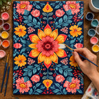 Complete Folk Floral Pattern numbered canvas being painted with acrylic paints and brushes