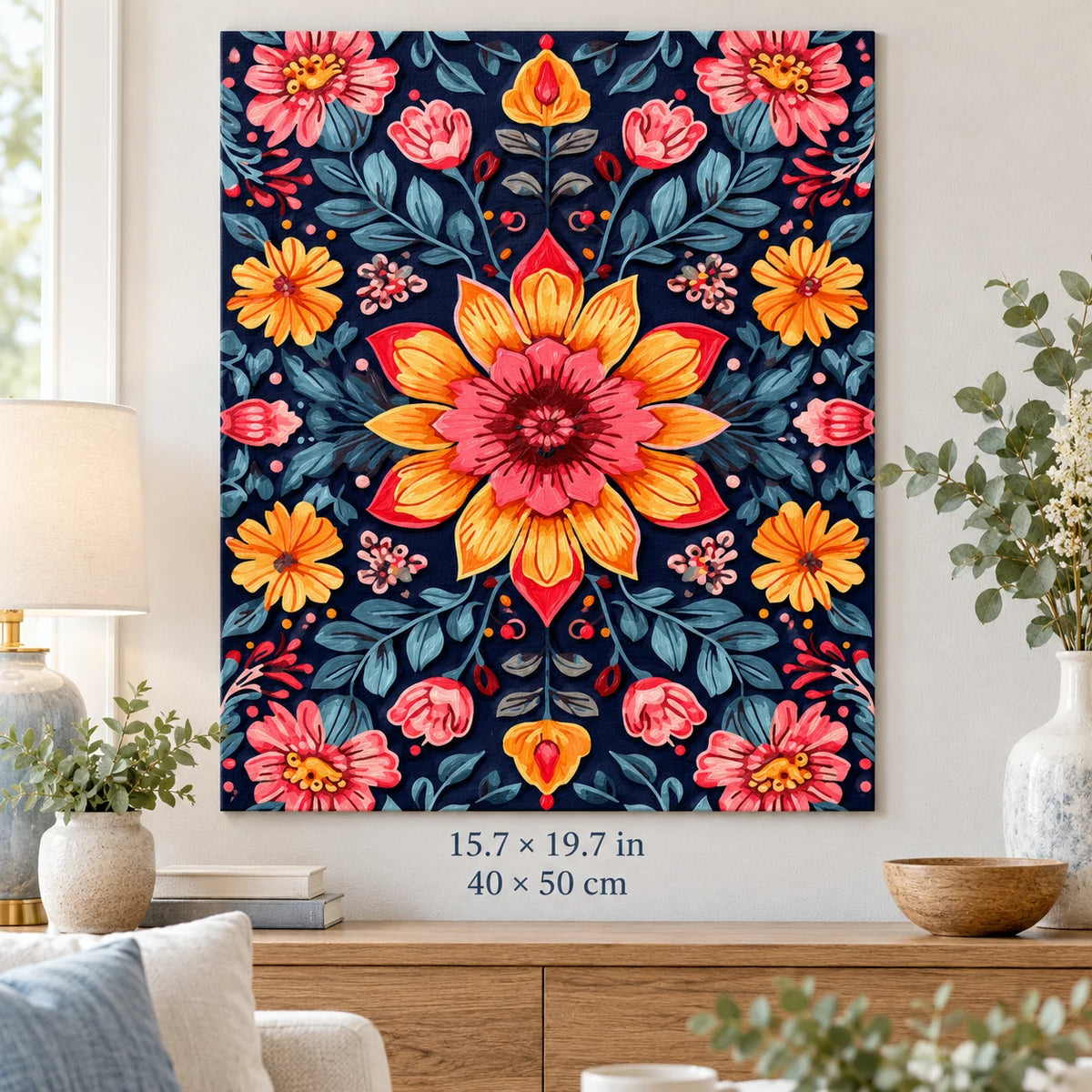 Folk Floral Pattern shown in a styled room with 15.7 × 19.7 in and 40 × 50 cm dimensions