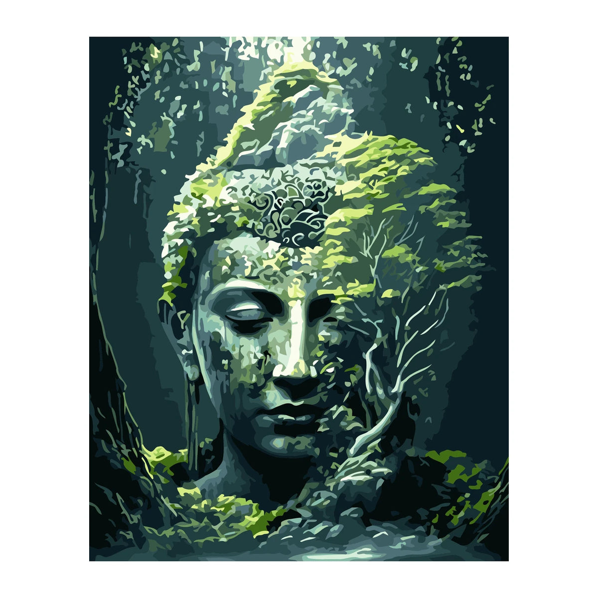 Forest Buddha in Moss completed artwork on a clean white background