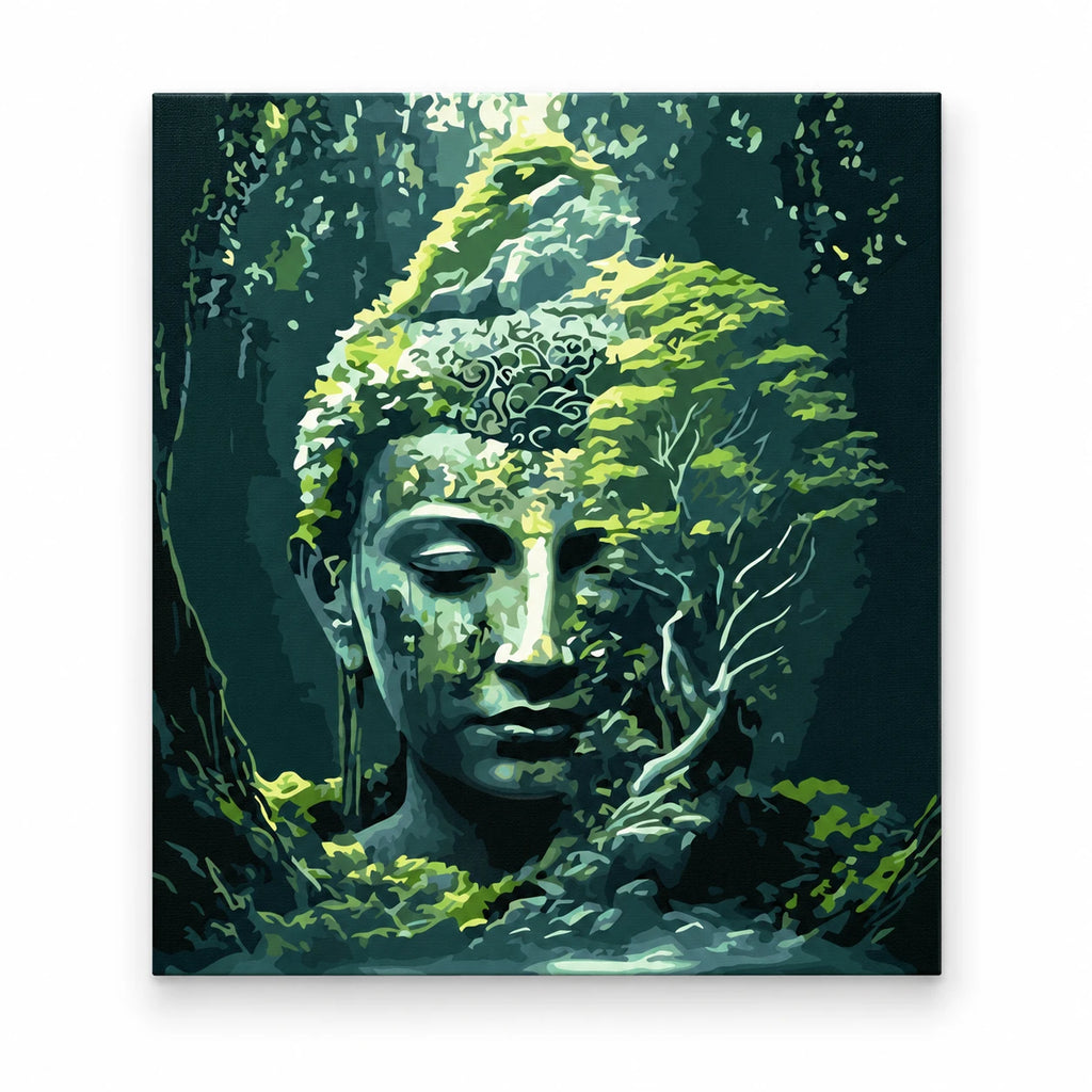 Forest Buddha in Moss paint by numbers artwork on a front-facing canvas against a white background