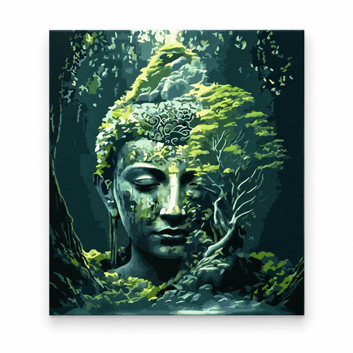 Forest Buddha in Moss paint by numbers artwork on a front-facing canvas against a white background