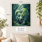 Forest Buddha in Moss shown in a styled room with 15.7 x 19.7 in and 40 x 50 cm dimensions